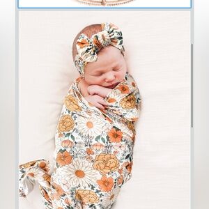 Floral Baby Swaddle and Headband Set - Orange and White